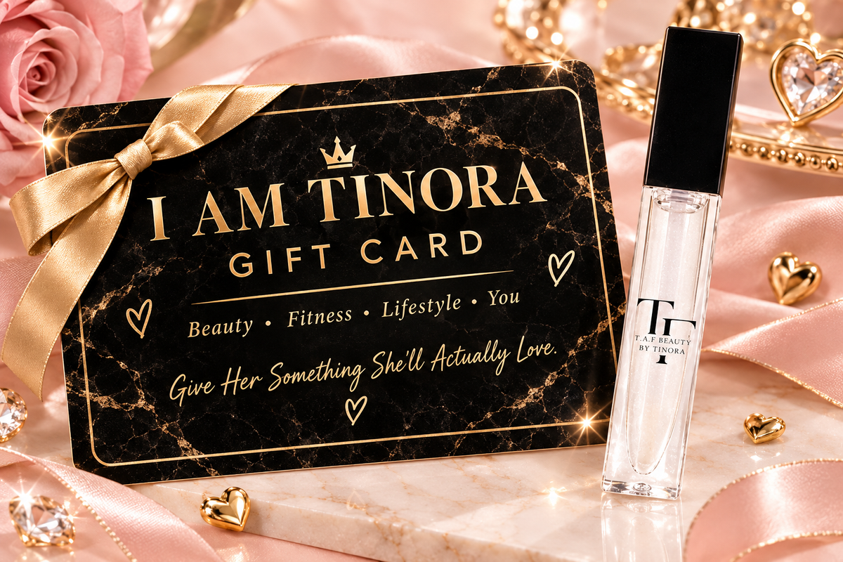 I AM TINORA luxury gift card with Dream Bubble lip gloss